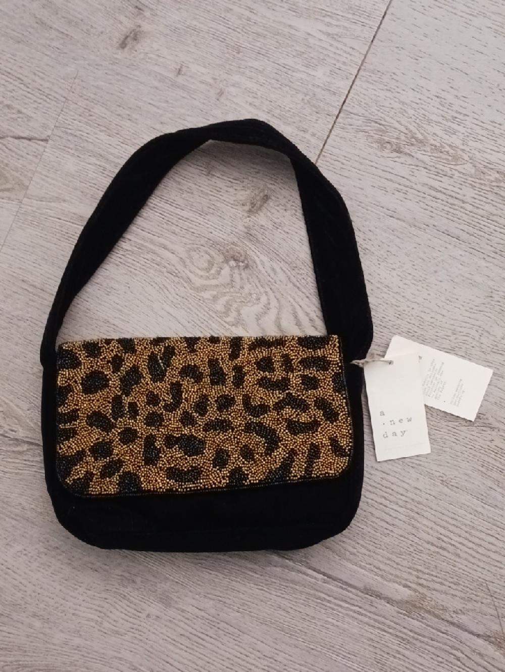 a new day Black Shoulder Bag with Gold and Black Beaded Leopard Flap
